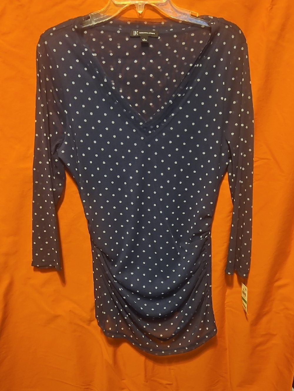 INC International Concepts Navy Blue Polka Dot Long Sleeve V-Neck Top